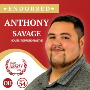 Portrait of Anthony Savage against a red background, Representing Ohio District 54 House Representative, Endorsed by Make Liberty Win.