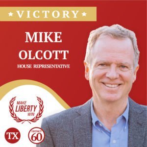 Portrait of Mike Olcott against a red background, Representing Texas District 60 House of Representative Endorsed by Make Liberty Win.