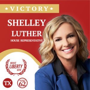 Portrait of Shelley Luther against a red background, Representing Texas District 62 House of Representative Endorsed by Make Liberty Win.