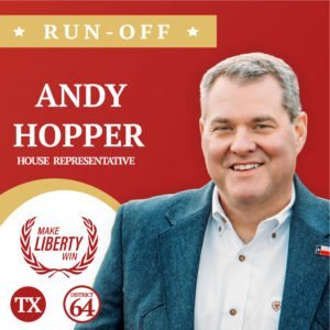 Portrait of Andy Hopper against a red background, Representing Texas District 64 House of Representative Endorsed by Make Liberty Win.